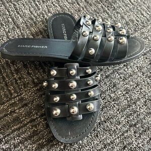 Marc Fisher Silver Studded Black Slip On Sandals